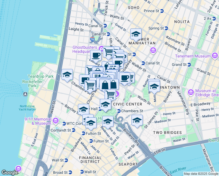 map of restaurants, bars, coffee shops, grocery stores, and more near 311 Broadway in New York