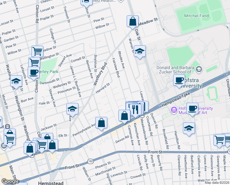 map of restaurants, bars, coffee shops, grocery stores, and more near 80 Surrey Lane in Hempstead