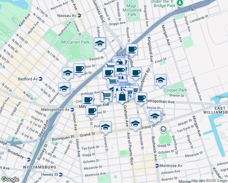 map of restaurants, bars, coffee shops, grocery stores, and more near 134 Skillman Avenue in Brooklyn