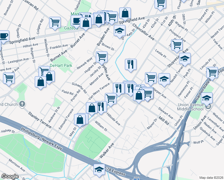 map of restaurants, bars, coffee shops, grocery stores, and more near 25 Evelyn Court in Maplewood