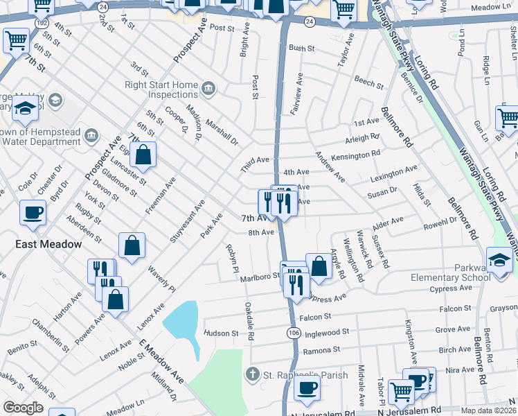 map of restaurants, bars, coffee shops, grocery stores, and more near 2435 6th Avenue in East Meadow