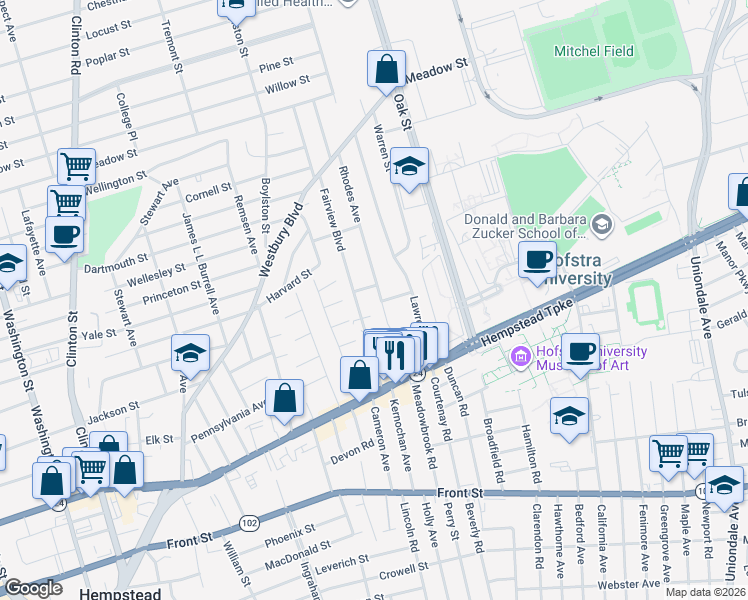 map of restaurants, bars, coffee shops, grocery stores, and more near 16 Thomas Street in Hempstead