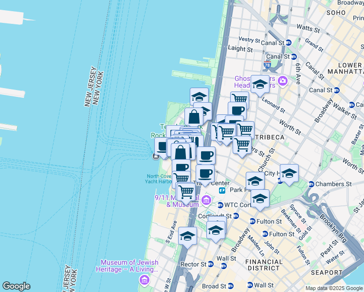 map of restaurants, bars, coffee shops, grocery stores, and more near North End Avenue in New York