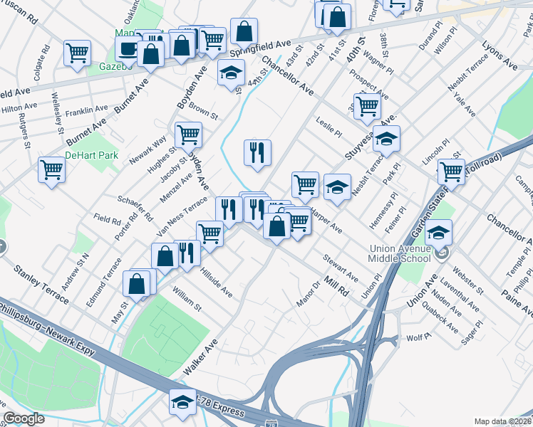 map of restaurants, bars, coffee shops, grocery stores, and more near 262 40th Street in Irvington