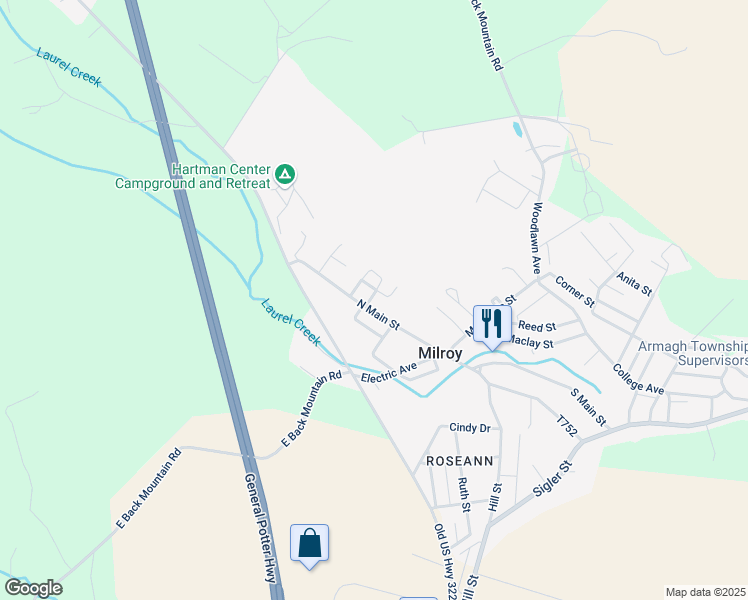 map of restaurants, bars, coffee shops, grocery stores, and more near 125 North Main Street in Milroy