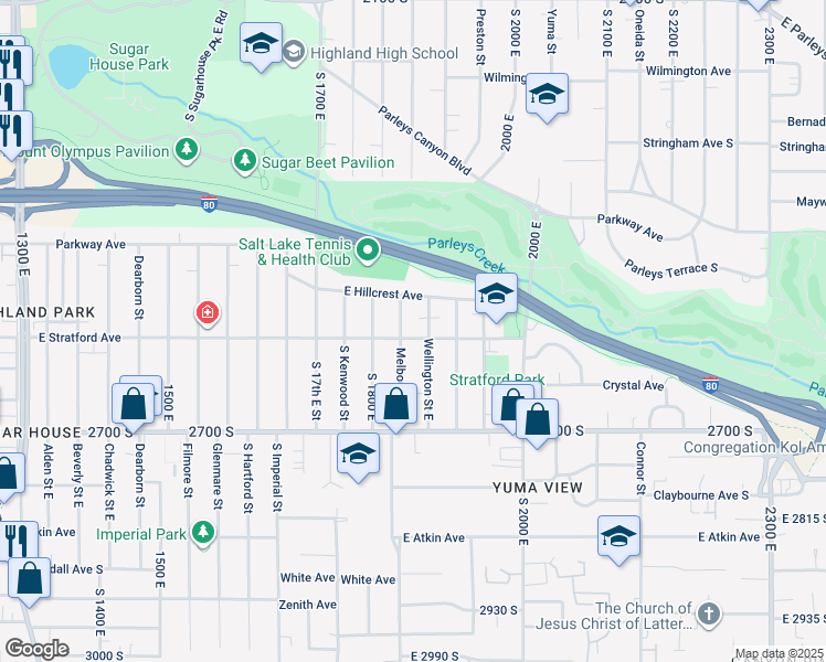 map of restaurants, bars, coffee shops, grocery stores, and more near 1839 East Stratford Avenue in Salt Lake City