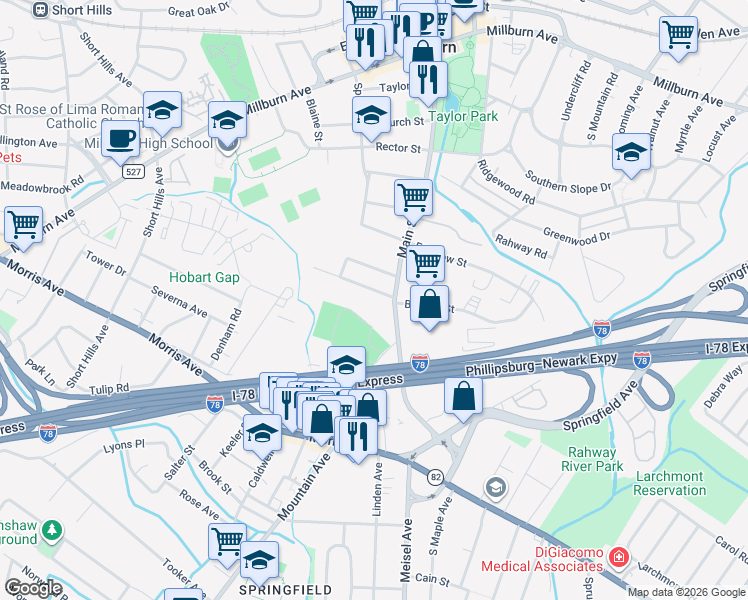 map of restaurants, bars, coffee shops, grocery stores, and more near 18 Mechanic Street in Millburn