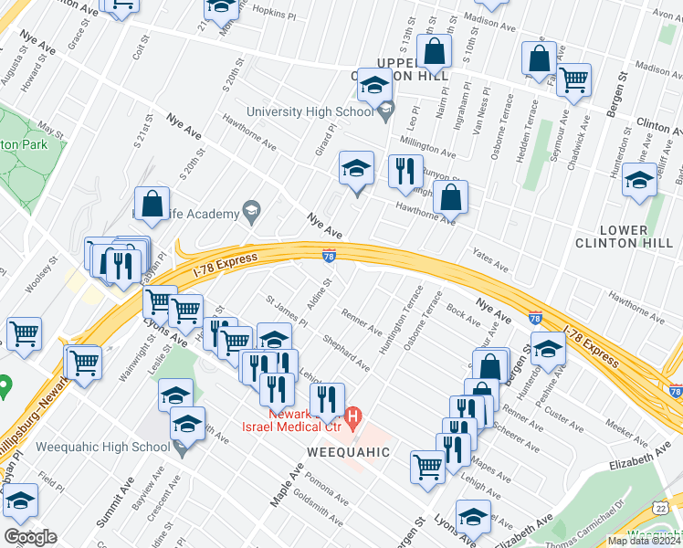 map of restaurants, bars, coffee shops, grocery stores, and more near 218 Clinton Place in Newark