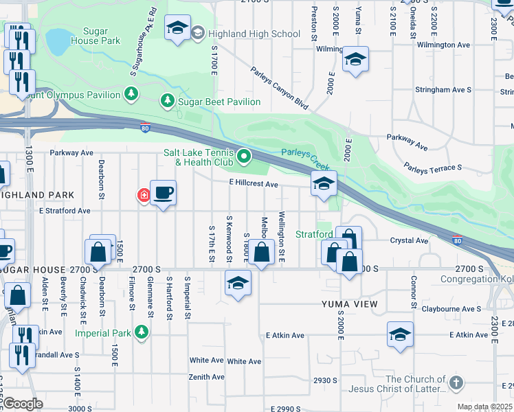 map of restaurants, bars, coffee shops, grocery stores, and more near 2544 South 1800 East in Salt Lake City