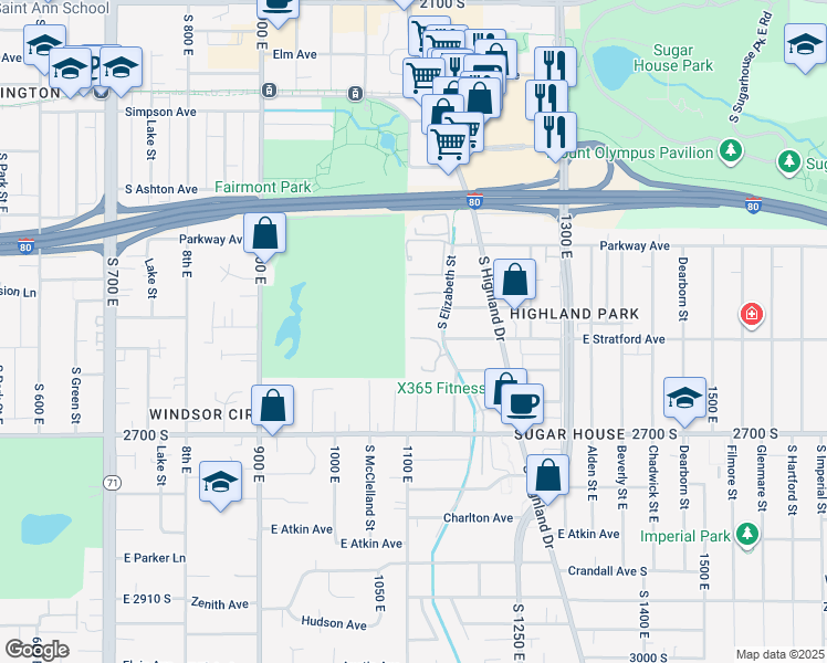 map of restaurants, bars, coffee shops, grocery stores, and more near 2580 South Elizabeth Street in Salt Lake City
