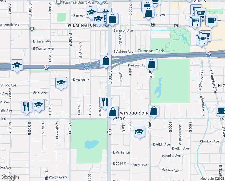 map of restaurants, bars, coffee shops, grocery stores, and more near 2510 Utah 71 in Salt Lake City