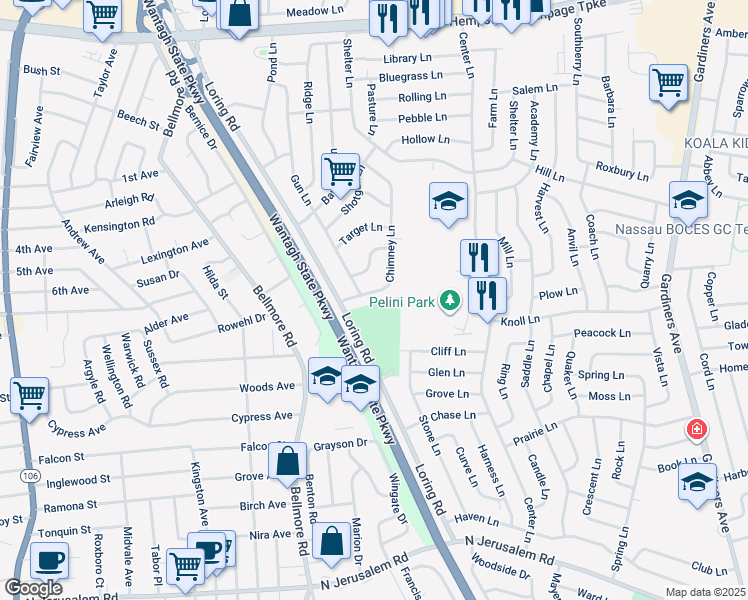 map of restaurants, bars, coffee shops, grocery stores, and more near 77 Chimney Lane in Levittown