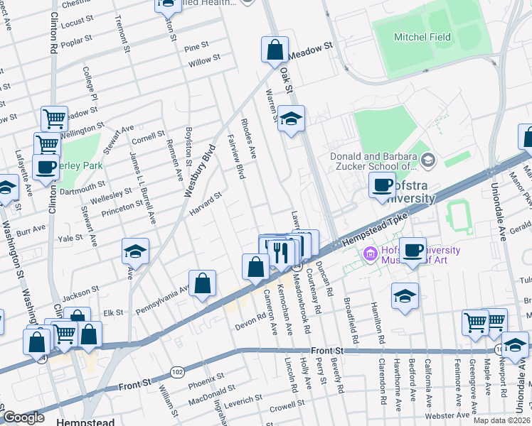 map of restaurants, bars, coffee shops, grocery stores, and more near 16 Thomas Street in Hempstead