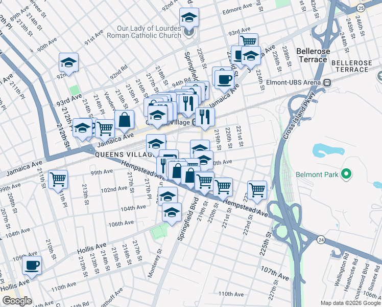 map of restaurants, bars, coffee shops, grocery stores, and more near 218-17 99th Avenue in Queens