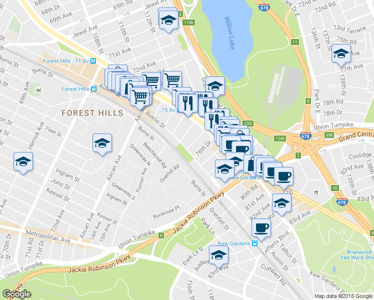 map of restaurants, bars, coffee shops, grocery stores, and more near 111-20 76th Road in Queens