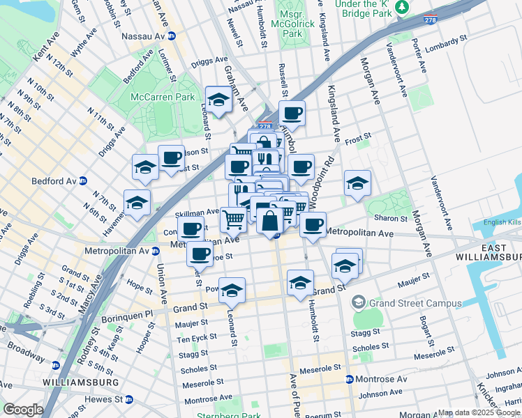 map of restaurants, bars, coffee shops, grocery stores, and more near 141 Skillman Avenue in Brooklyn