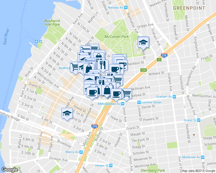 map of restaurants, bars, coffee shops, grocery stores, and more near 251 North 7th Street in Brooklyn