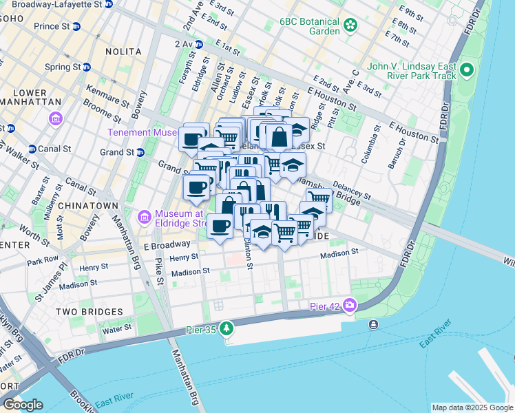 map of restaurants, bars, coffee shops, grocery stores, and more near 422 Grand Street in New York