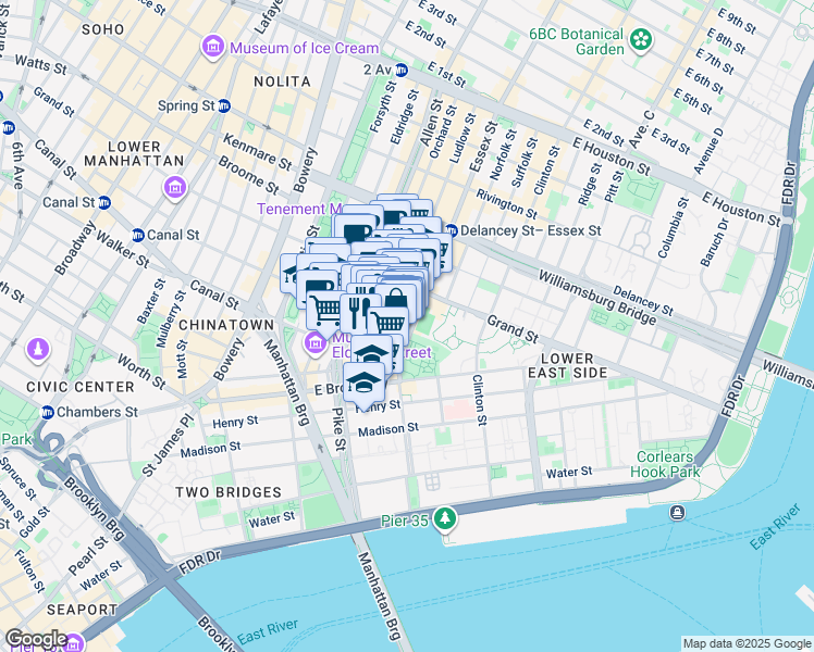 map of restaurants, bars, coffee shops, grocery stores, and more near 25 Essex Street in New York