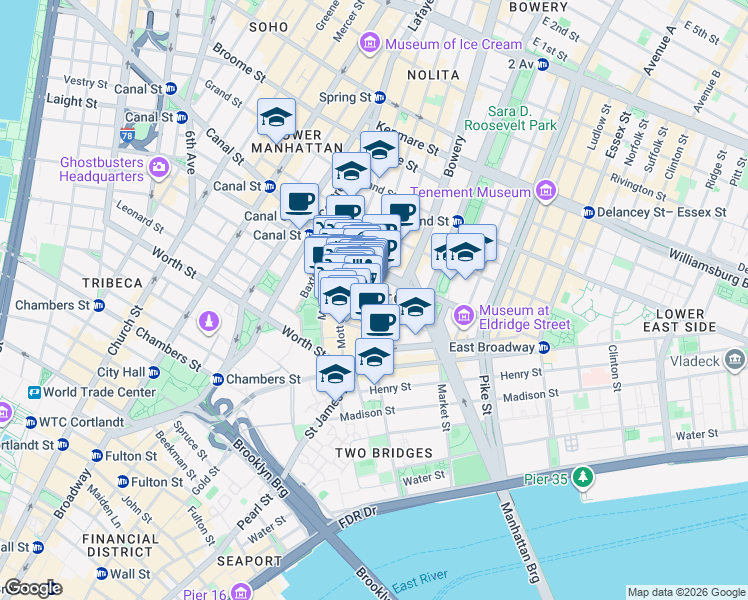 map of restaurants, bars, coffee shops, grocery stores, and more near 64 Mott Street in New York