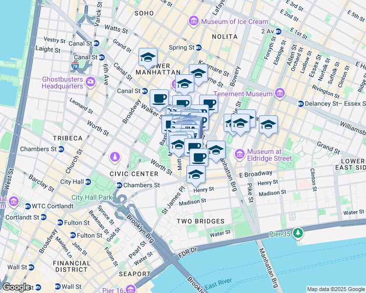 map of restaurants, bars, coffee shops, grocery stores, and more near 64 Mott Street in New York
