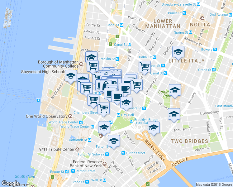 map of restaurants, bars, coffee shops, grocery stores, and more near 30 Thomas Street in New York