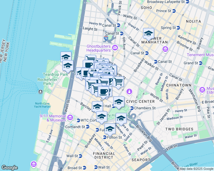 map of restaurants, bars, coffee shops, grocery stores, and more near in New York