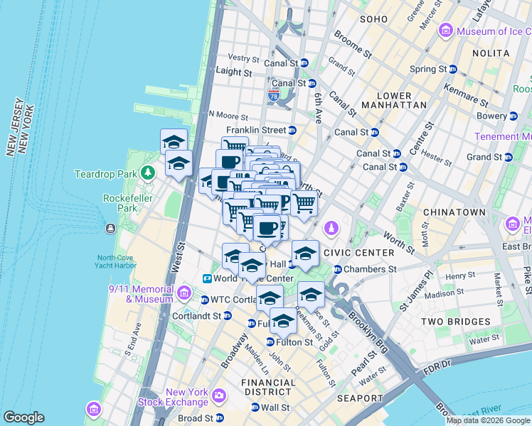 map of restaurants, bars, coffee shops, grocery stores, and more near in New York