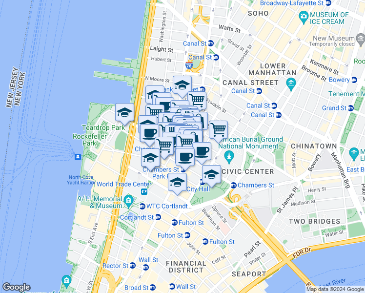 map of restaurants, bars, coffee shops, grocery stores, and more near in New York