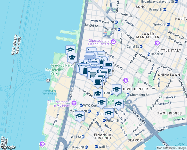 map of restaurants, bars, coffee shops, grocery stores, and more near 155 Chambers Street in New York