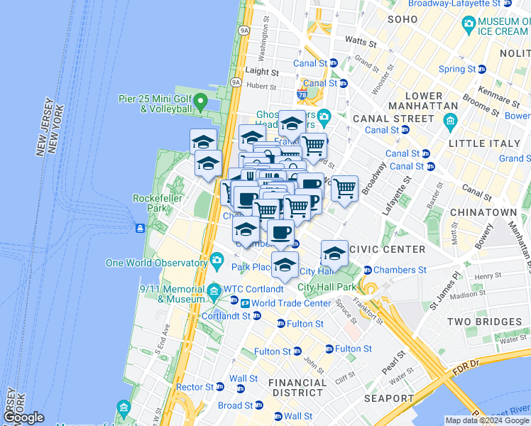 map of restaurants, bars, coffee shops, grocery stores, and more near 155 Chambers Street in New York