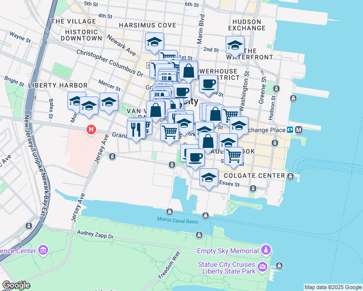 map of restaurants, bars, coffee shops, grocery stores, and more near in Jersey City