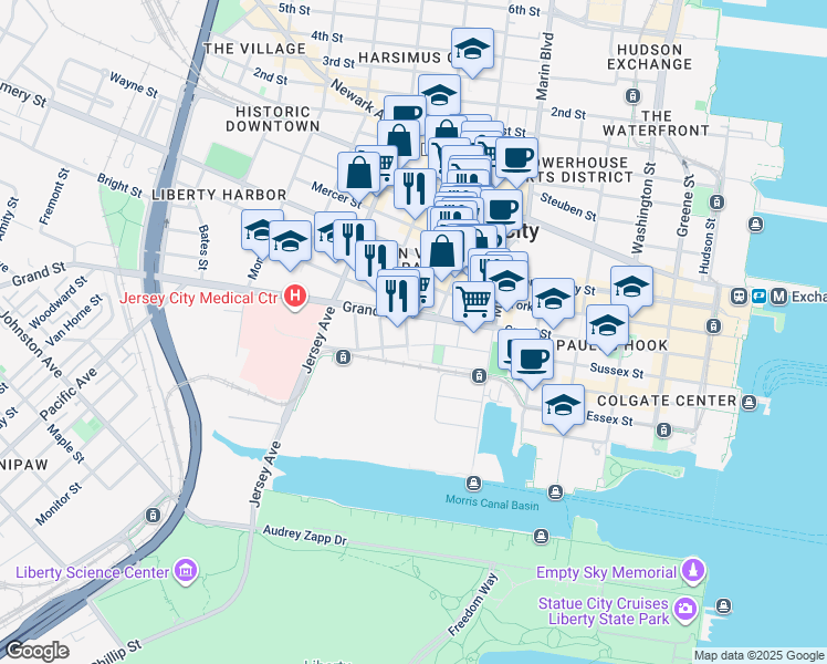 map of restaurants, bars, coffee shops, grocery stores, and more near 120 Tidewater Street in Jersey City