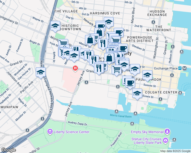 map of restaurants, bars, coffee shops, grocery stores, and more near 111 Liberty View Drive in Jersey City