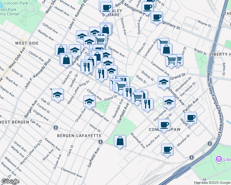 map of restaurants, bars, coffee shops, grocery stores, and more near 498 Communipaw Avenue in Jersey City