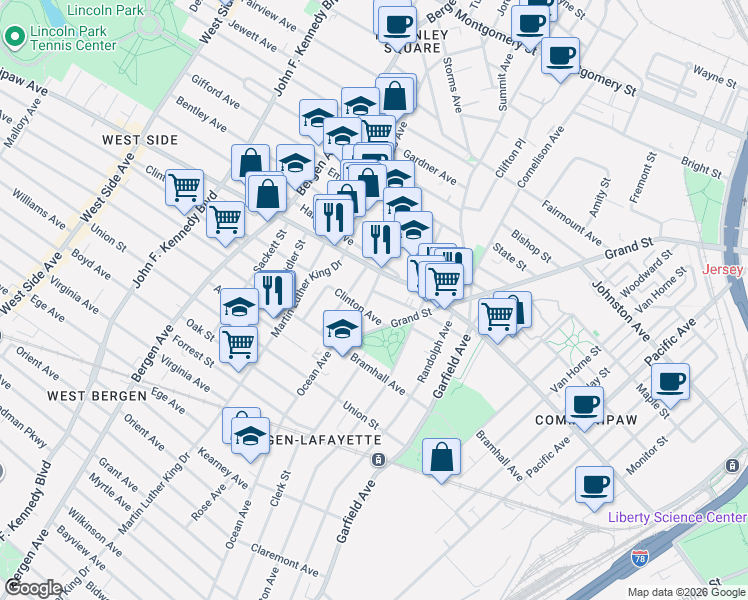 map of restaurants, bars, coffee shops, grocery stores, and more near in Jersey City