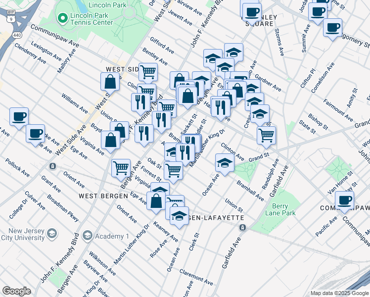 map of restaurants, bars, coffee shops, grocery stores, and more near in Jersey City