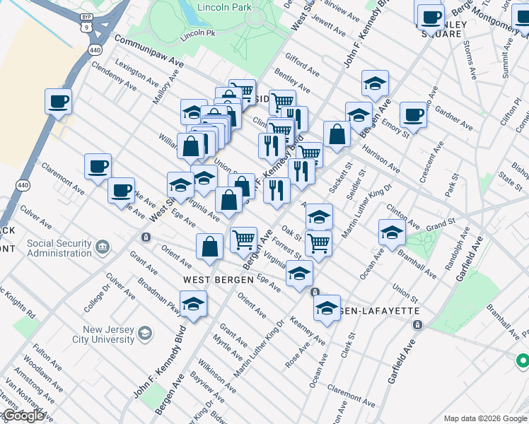 map of restaurants, bars, coffee shops, grocery stores, and more near 249 Union Street in Jersey City