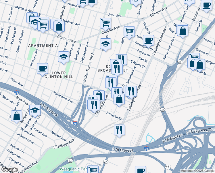 map of restaurants, bars, coffee shops, grocery stores, and more near 172 Johnson Avenue in Newark