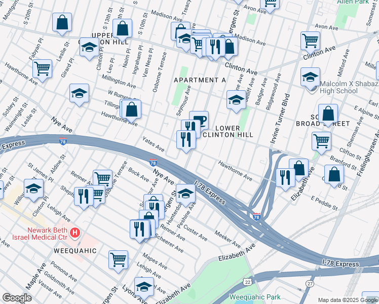 map of restaurants, bars, coffee shops, grocery stores, and more near in Newark