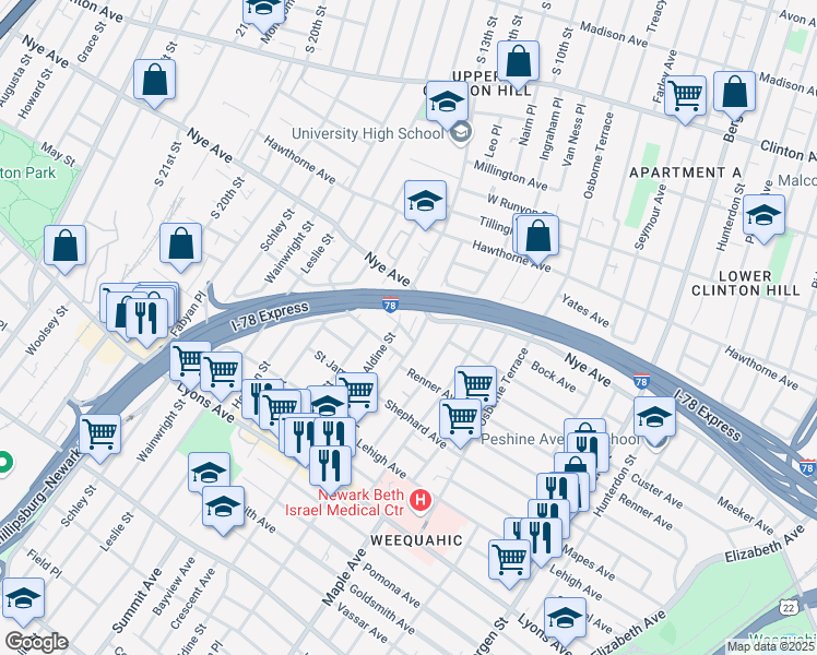 map of restaurants, bars, coffee shops, grocery stores, and more near 69 Wolcott Terrace in Newark