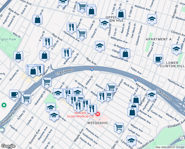 map of restaurants, bars, coffee shops, grocery stores, and more near 22 Edmonds Place in Newark