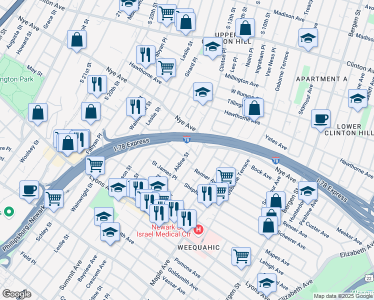 map of restaurants, bars, coffee shops, grocery stores, and more near 22 Edmonds Place in Newark