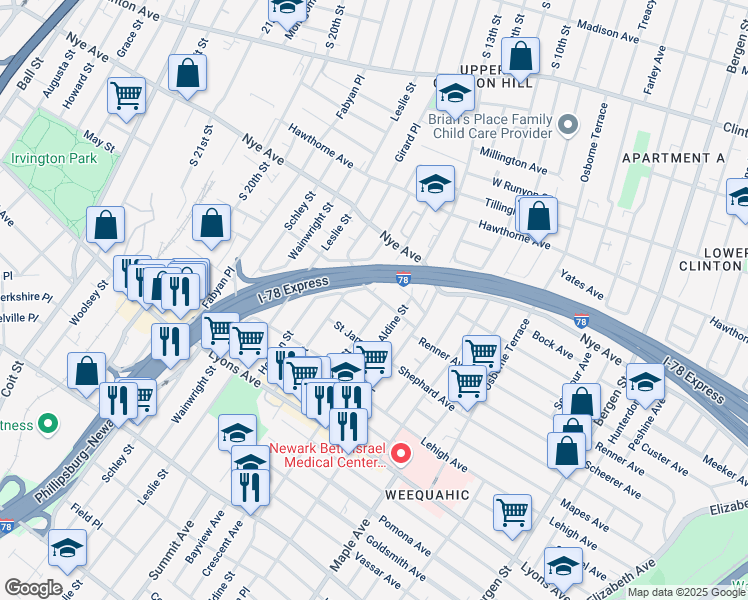 map of restaurants, bars, coffee shops, grocery stores, and more near 19 Edwin Place in Newark