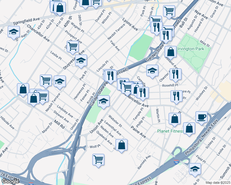 map of restaurants, bars, coffee shops, grocery stores, and more near 39 Rutgers Street in Irvington