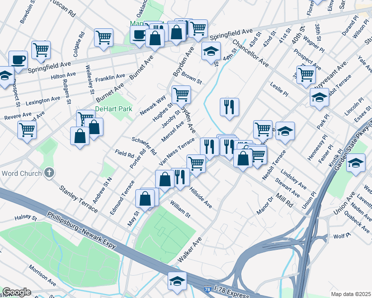 map of restaurants, bars, coffee shops, grocery stores, and more near 31 Van Ness Terrace in Maplewood