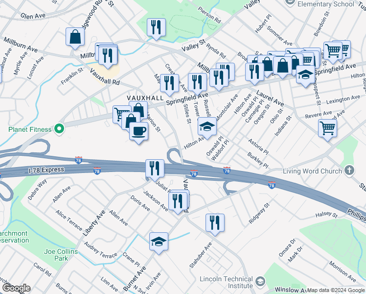 map of restaurants, bars, coffee shops, grocery stores, and more near 116 Hilton Avenue in Union