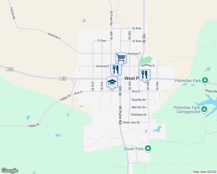 map of restaurants, bars, coffee shops, grocery stores, and more near 209 4th Street in West Point