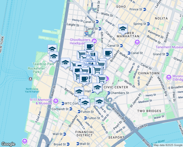map of restaurants, bars, coffee shops, grocery stores, and more near 30 Thomas Street in New York