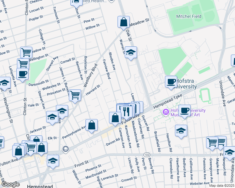map of restaurants, bars, coffee shops, grocery stores, and more near 102 Fairview Boulevard in Hempstead